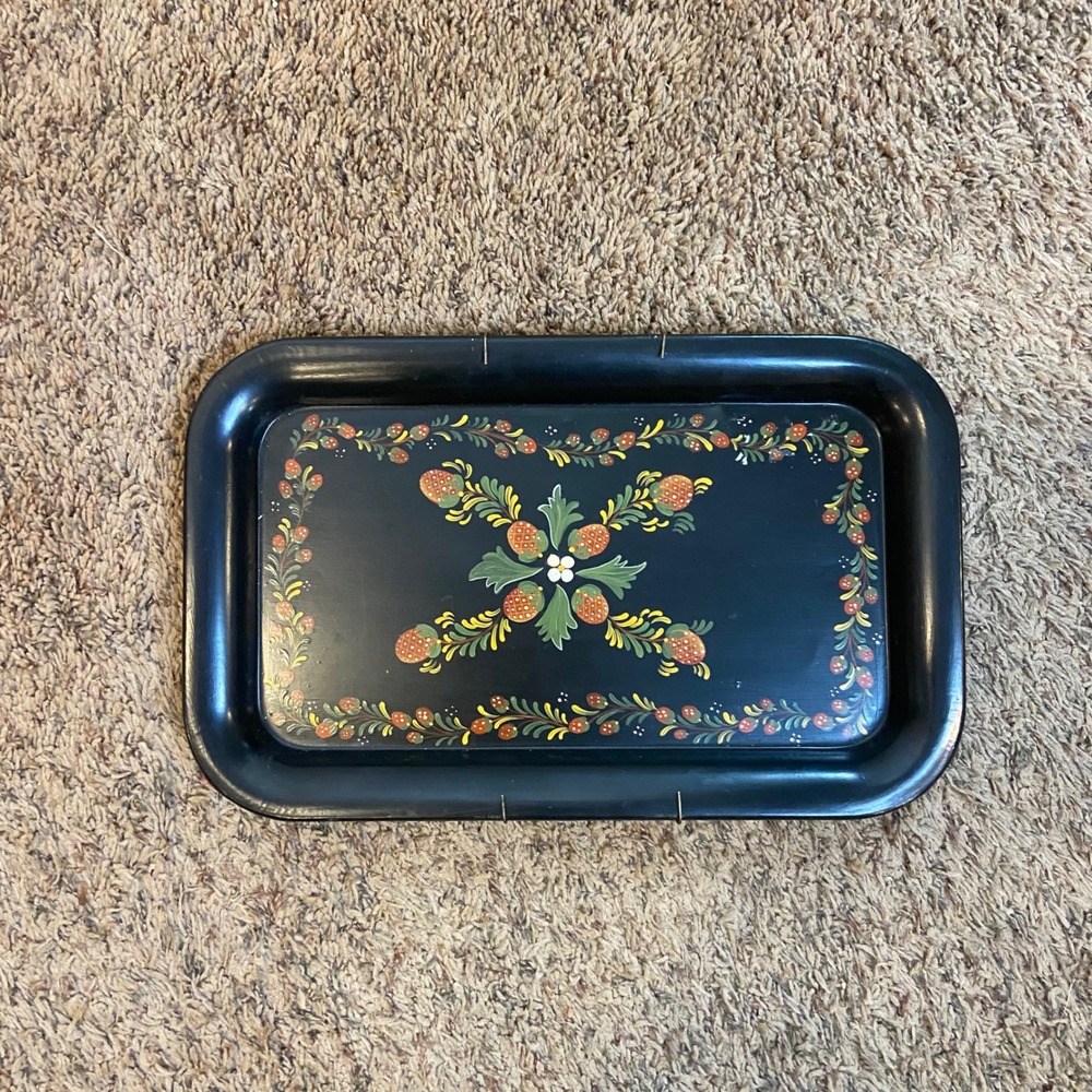 Vintage Toleware Style Metal Serving Tray Strawberry Hand Painted Black 14x9